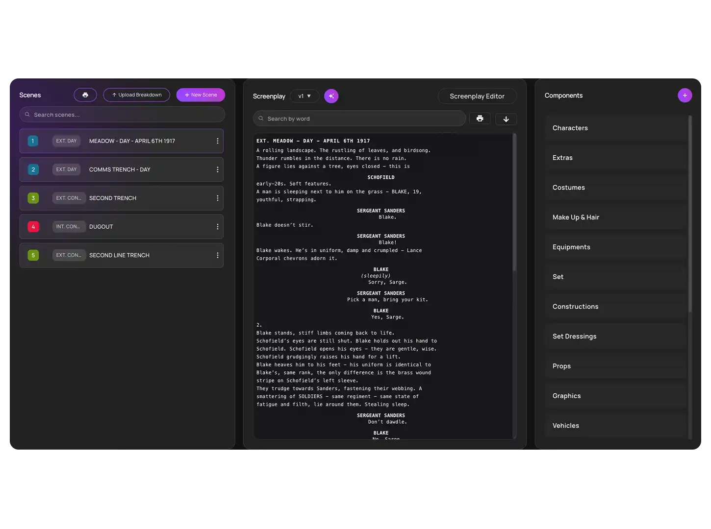 Multi-language script breakdown support